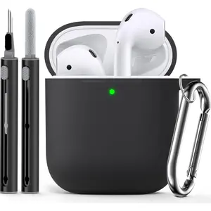 for Airpods Case Cover with Cleaner Kit,Soft Silicone Protective Case Compatible with Apple AirPods 2nd/1st Generation Charging Case with Keychain,Shockproof AirPod Case for Women Men-Black