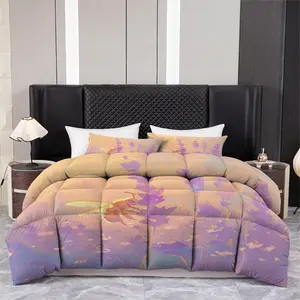3pcs Printed quilt three-piece set (1 quiltr+2 pillowcases) - Bee & Lavender Floral Print, Artistic Sunset Meadow Bedding, Soft Microfiber Quilt Set, All Season Cozy Comfort, Aesthetic Bedroom Decor