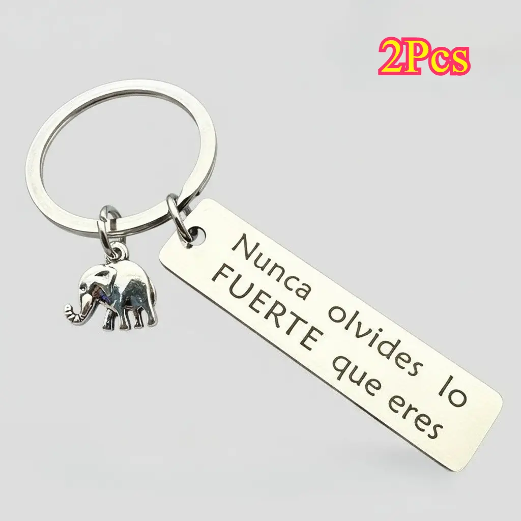 2Pcs Personalized Inspirational Elephant Keychains - Engraved "Nunca Olvides lo FUERTE que eres" Metal Charm, Animal Motif Custom Design Keychain Gift for Men, Car Key/Backpack Accessory, Minimalist No-Electricity, Personalized Gifts, Engraving Keychains