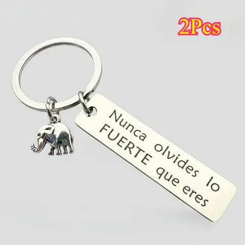 2Pcs Minimalist Animal Motif Elephant Charm Keychains - Engraved Tag Strength Reminder "Nunca Olvides lo FUERTE que eres", Stainless Steel Rings, 2pc Gift Set, Anniversary Accessory for Men, Car Key/Backpack Fashion Piece