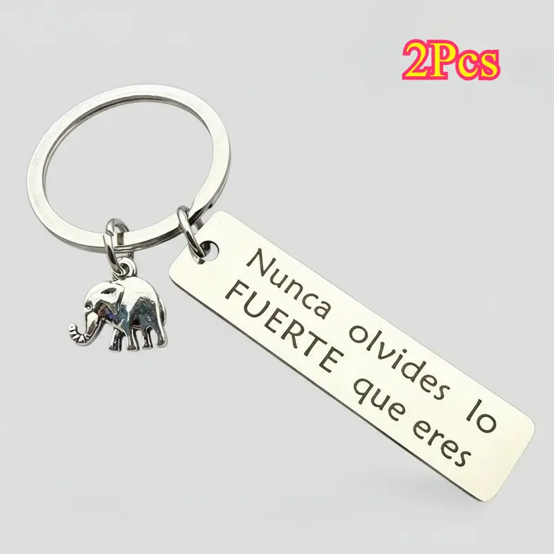 2Pcs Minimalist Animal Motif Elephant Charm Keychains - Engraved Tag Strength Reminder "Nunca Olvides lo FUERTE que eres", Stainless Steel Rings, 2pc Gift Set, Anniversary Accessory for Men, Car Key/Backpack Fashion Piece