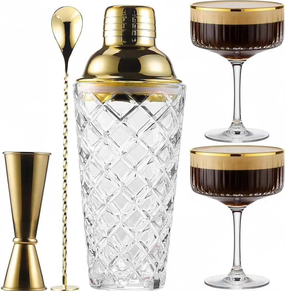 5-Piece Cocktail Shaker Set with Coupe Glasses, for Home Bar Night & Housewarming Party, Pineapple Textured Glass Bartender Kit with Gold Lid, Gold Bar Tools, Ideal Gift for Cocktail Lovers