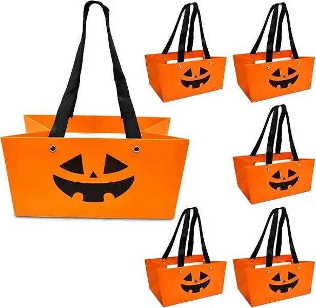 6-Pack Halloween Pumpkin Foldable Trick-or-Treat Baskets with Handles, Kids' Goodie Candy Snack Bags for Classroom Party Decor