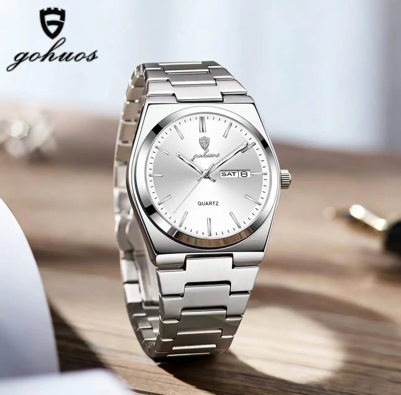 GOHUOS Classic Men's Analog Quartz Wristwatch - Silver Round Dial, Business Casual Style, Secure Butterfly Clasp, Stainless Steel Band, Gift Box + Bag Included, Ideal for Work & Party