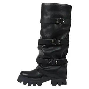 Knee High Boots for Women Fold Over Round Toe Stylish Slouchy Platform Low Heel Wide Calf Biker Moto Gothic Buckle Fashion Boots