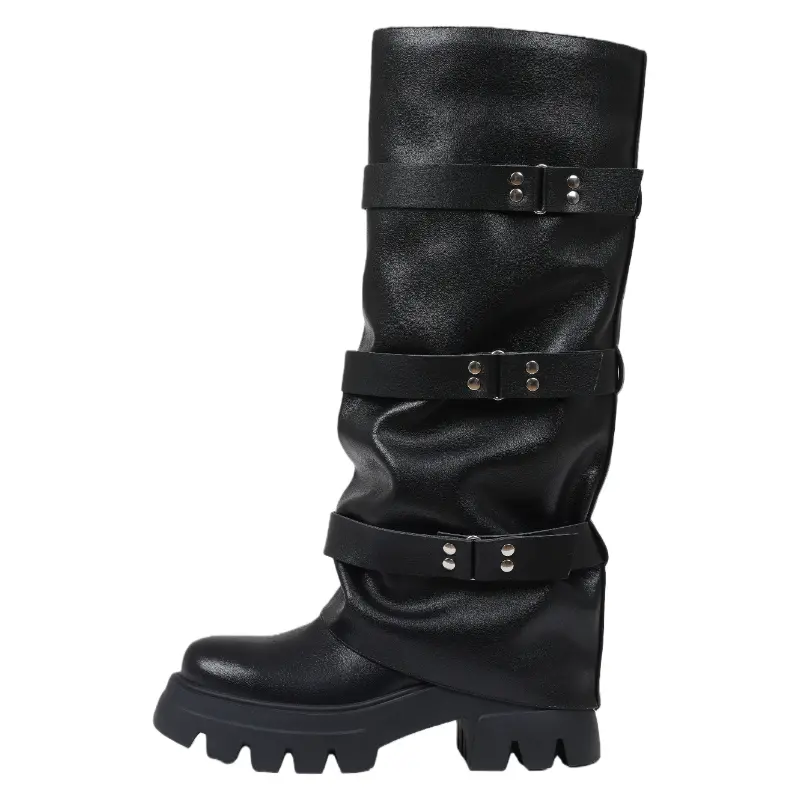 Women's Goth Moto Knee High Boots with Buckles, Slouchy Fold-Over Cuff and Wide Calf Fit, Low Platform Casual Footwear