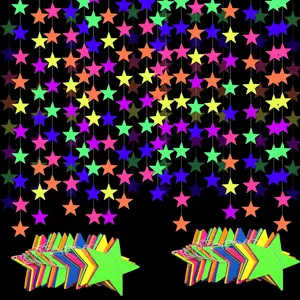 108feet UV Neon Paper Star Garland Glow in The Dark Streamers UV Fluorescent Reactive Paper Star Banner for Wedding Birthday Party Favors Neon Party Decor