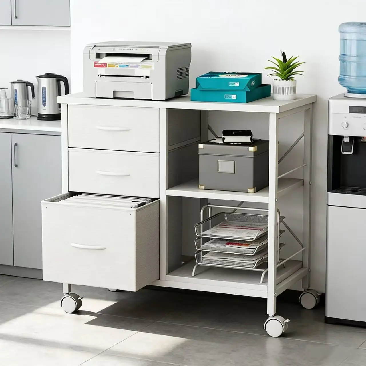 3-Tier Rolling Storage Cart - Mobile File Cabinet with Printer Stand & Drawers, Heavy-Duty for Office Organization