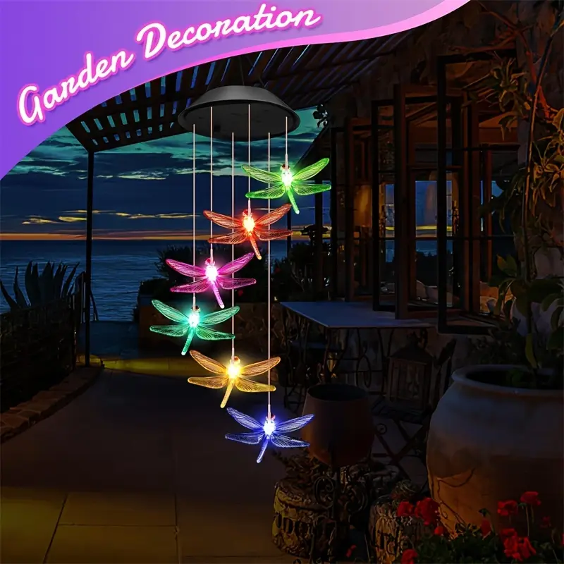 1pc Water-Resistant Solar Dragonfly Wind Chime Light, 6-LED Color-Changing, Light Sensor Control, No Remote, 600mAh Nickel Battery, Ideal for Outdoor Garden, Patio, Holiday Gifts, Solar Outdoor Lights, Patio Lights