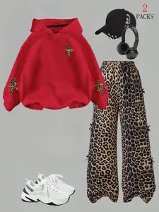 Y2K Leopard Print Hoodie and Wide Leg Pants Set, Youthful Casual Two-Piece Outfit, Comfortable Soft Fabric, Perfect for School and Shopping