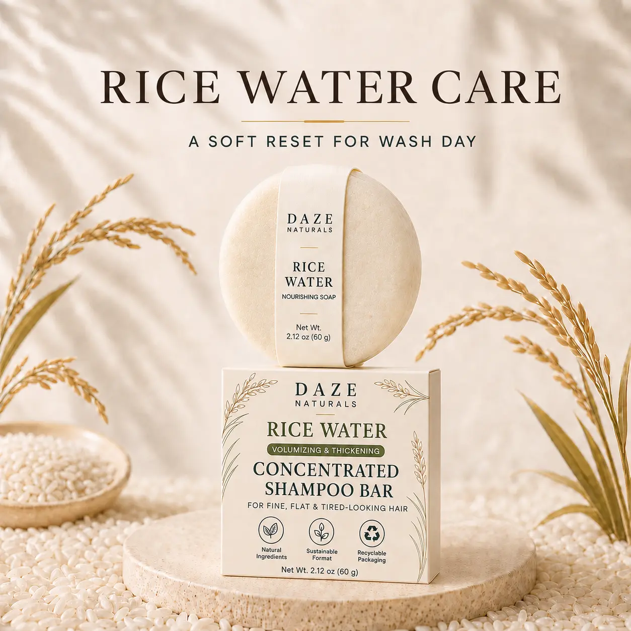[New Launch Sale] Daze Naturals Rice Water Solid Shampoo Bar - 60g Plant-Based Mild Cleanser, Gentle Rub-to-Lather, Volumizing for Fine/Flat Hair, Travel-Friendly Haircare Bar