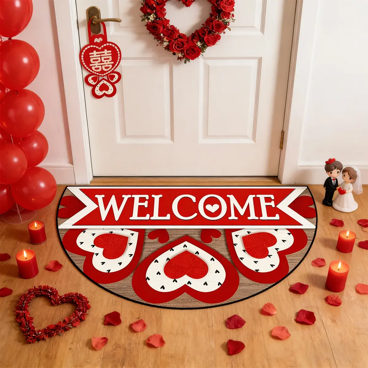 Valentine's Day Welcome Door Mat, Floor Mat, Heart Design Wood Grain Effect, Reflective Durable Fabric, Romantic Anniversary Gift
