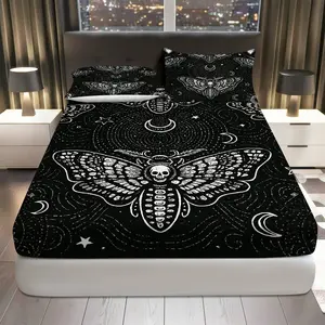 3Pcs Gothic Skull Moth Fitted Sheet Three Piece Set (1*Fitted Sheet+2*Pillowcases, Coreless), Halloween theme, Black and White Bedding Set, Mattress protector Soft, Breathable