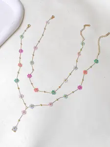 Boho Style Colorful Beaded Flower Necklace Set, Handmade Daisy Pendant Fringe Design, 14k Gold Plated Chain Jewelry Gift