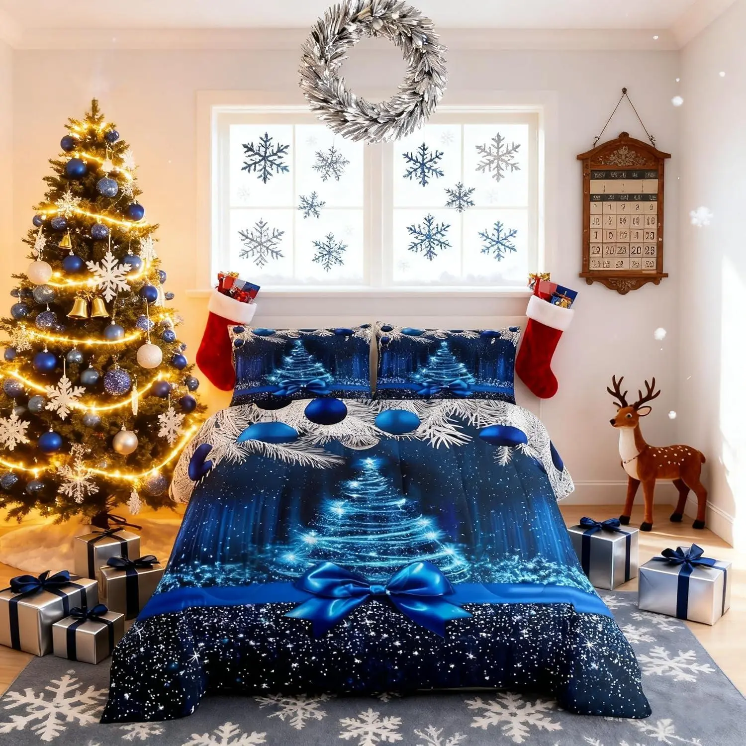 Merry Christmas Kids Comforter Setsnowflake Christmas Tree Bowknot Bedding Set,Girls Boys Adults Xmas Decor,Blue Gradient Line Glitter Down Comforter,Romantic Duvet Insert