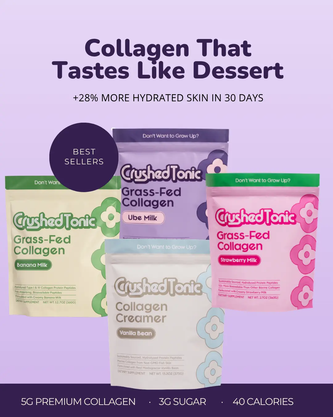 Crushed Tonic Collagen - Korean Collagen - KBeauty - Premium Hydrolyzed Marine Collagen - for Skin, Hair & Health - Gluten Free GMO Free Skin Care Hair & Nail Care - Beauty Protein Bovine Collagen - Banana Milk Ube Strawberry Milk Vanilla Bean