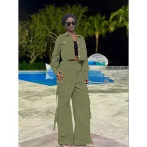 Two-Piece Set Women's Solid Button Front Crop Jacket & Pocket Cargo Pants, Casual Fashion Cozy Outfits for Daily Outdoor Wear, Ladies Clothes for All Seasons