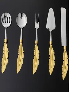 Luxurious Gold Feather Handle Serving Set - 5-Piece Elegant Cutlery Set with Stainless Steel & Gold-Tone Handles for Upscale Dining Special Occasions Spoon Cake Tableware Fork Modern Style