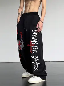 Men's Casual Sporty Long Pants, Spider Web Cross Pattern, Drawstring Wide Leg, Loose Fit, All Seasons, Graphic Animal Print, Casual Fashion Trousers