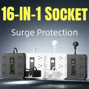 16-in-1 power board with switch and surge protection,wall-mounted and extension cord models, including 12AC sockets, 2 tye-c interfaces,2 USB interfaces, 6.2ftextension cord, suitable for office, home and travel, USstandard plug Rotating Power Strip Ports