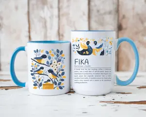 Scandinavian Fika Definition & Hygge Nordic Ceramic Mug, Swedish Word Mug, Scandi style, Folk Art Birds, Bees, Gift for Nordic Fan Accent Mug