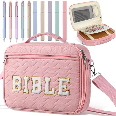 Mother's Day Gifts Pink Bible Bag for Women Christian Gifts Church Bag with Chenille Letter and Shoulder Strap Soft Fabrics Bible Case Bible Book Cover with Highlighters Gel Pen Bible Journaling Kit for Christans Girls, Sunday Prayer Supplies