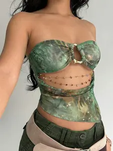 SOLEMN Y2K Sexy Crop Top With Beaded Plunging Neckline Metal Decor Animal Print