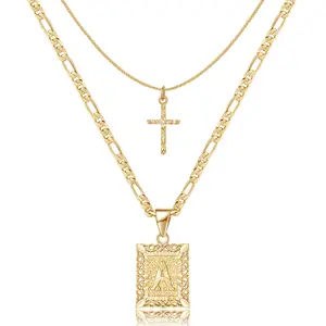KissYan Gold Layered Initial Cross Necklace, 14K Gold Plated Layering Square Letter Pendant Figaro Chain Cross Choker from A-Z Capital Jewelry for Women Girls & Jewelry Mothers Day Gift Ideas