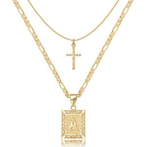 KissYan Gold Layered Initial Cross Necklace, 14K Gold Plated Layering Square Letter Pendant Figaro Chain Cross Choker from A-Z Capital Jewelry for Women Girls & Jewelry Mothers Day Gift Ideas DealsForYouDays,summeroutfits,vacationoutfits,beachoutfits