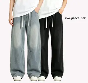 Men’s loose stretch-waist wide-leg blue jeans + black straight-leg jeans — casual street-style drawstring jeans, suitable for everyday wear and hip-hop style