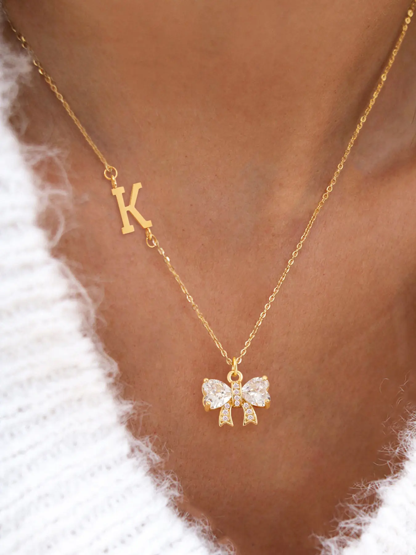 Women's Stainless Steel Chain Initial Letter Necklace, Classic Zirconia Bowknot Initial Design, Casual Style Jewelry for All Seasons