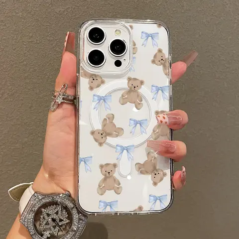 Magnetic Soft Girl Phone Case for iPhone 11-17 Pro Max - Teddy Bears & Bows Design, Cute Accessories, Lightweight, Shockproof, MagSafe Fit, Drop Resistance, Mobile Phone Accessories for Teen Girls