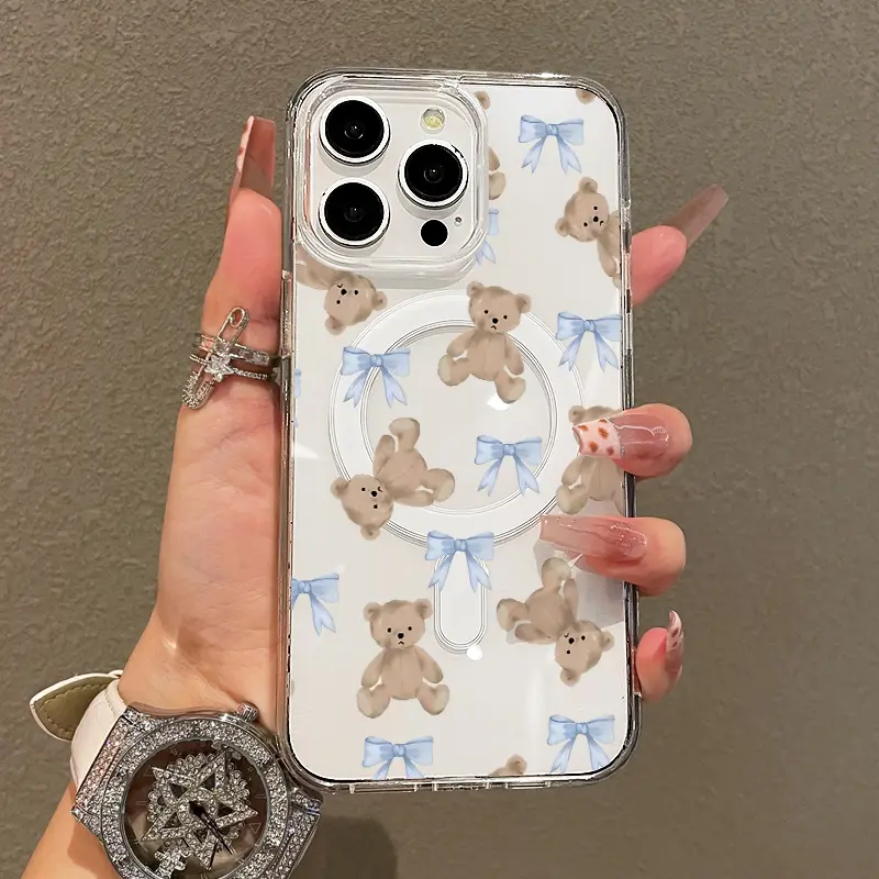 Magnetic Soft Girl Phone Case for iPhone 11-17 Pro Max - Teddy Bears & Bows Design, Cute Accessories, Lightweight, Shockproof, MagSafe Fit, Drop Resistance, Mobile Phone Accessories for Teen Girls