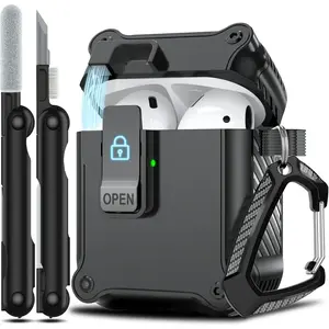 for Airpods 2nd and 1st Generation Protective Cases Automatic Pop-up with Safety Lock Clip, Full Body Shockproof Hard Case with Keychain (Cleaning Tool) - Black Audio Headphone Headset B-Black+Teal