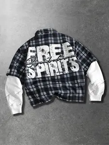 Men's Blue Plaid Two-Piece Shirt, Long Sleeve, Rhinestone Patchwork, Cool Function Style, High Turnback Rate, Spring & Fall