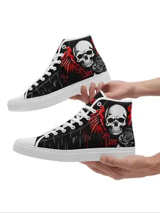 Men's Punk Style Skull & Rose Print High Top Sneakers, Casual Comfortable Breathable Lightweight Sports Shoes, Fashionable Sneakers for Daily Wear, Valentine's Day, Gift