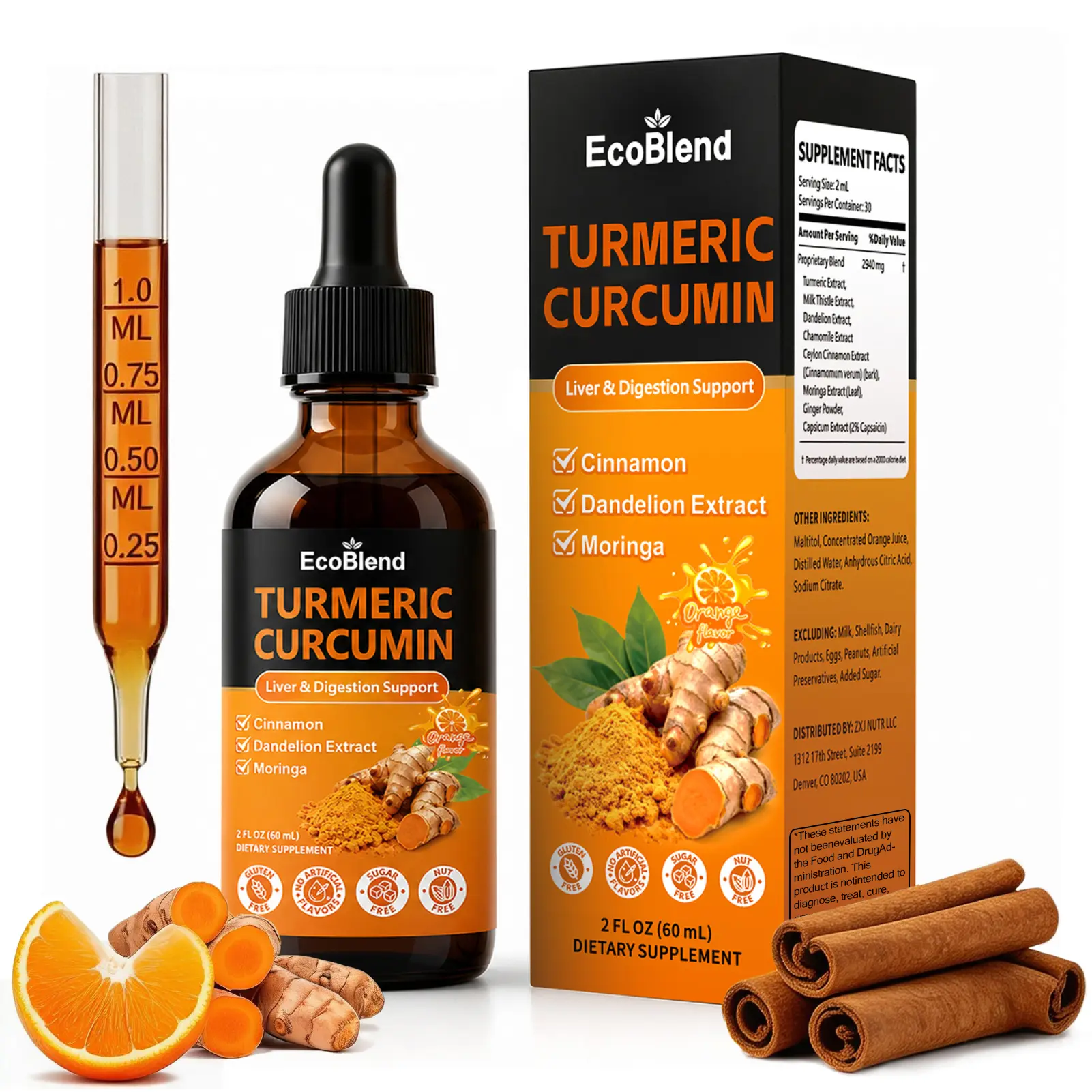 Ecoblend Turmeric Curcumin Complex Liquid Drops with Cinnamon, Dandelion & Chamomile | High-Absorption Herbal Blend with Moringa & Ginger | Pineapple&Orange Flavor | 2 fl oz