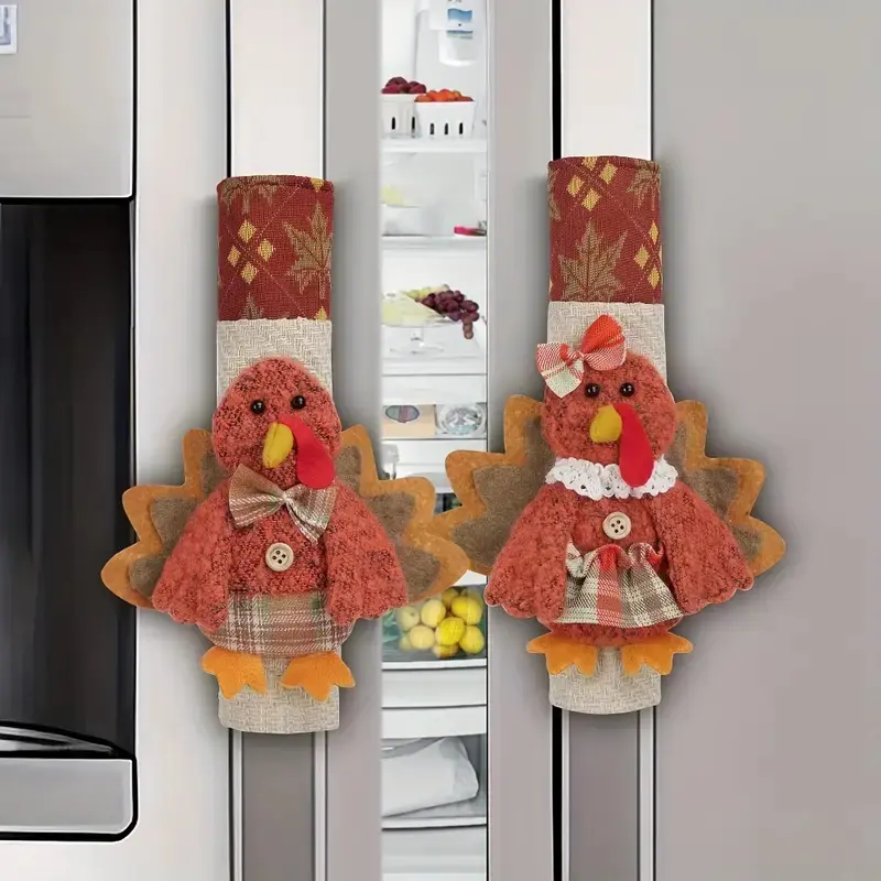 Thanksgiving Fridge Handle Covers Set, Harvest Festival Fabric Turkey Microwave Protector, Velcro Craft, No Plug Needed, Home Decor Party Supplies