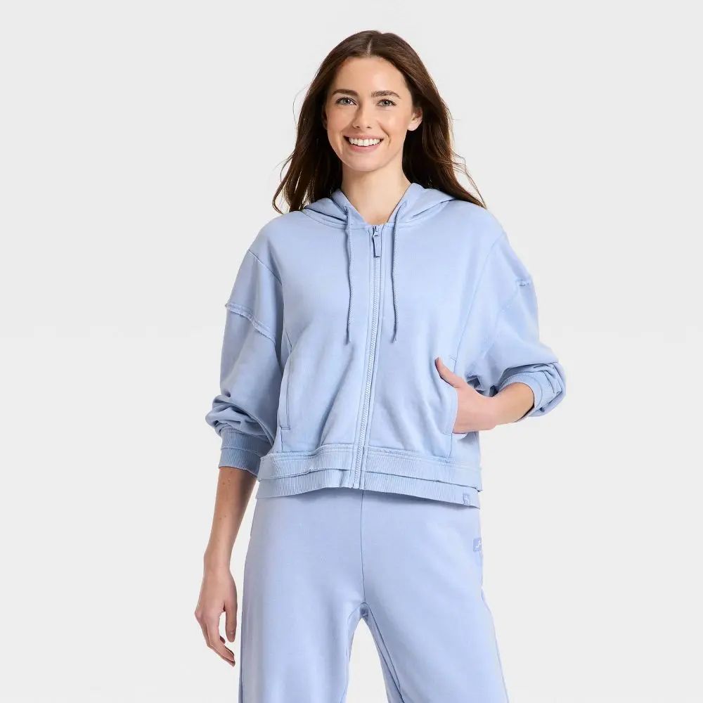 Women's Polyester French Terry Fabric Full-Zip Hoodie Sweatshirt - Ribbed Zipper Garment, JoyLab