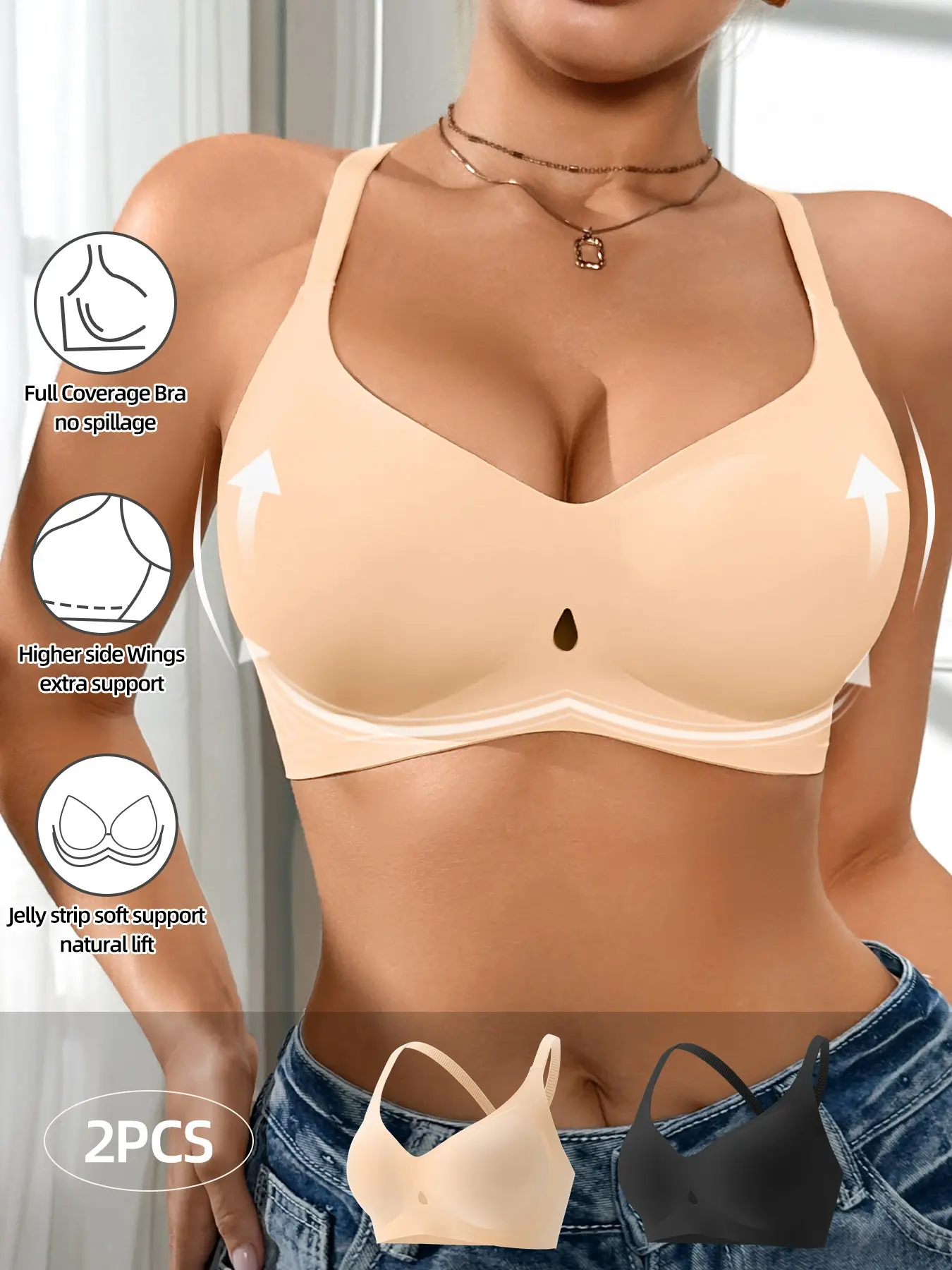Jelly Bra Women's Gathered No Underwire Back Shoulder Cross Design Comfort Fashion Daily Bra, Medium Support, Adjustable Strap, Wireless Bra