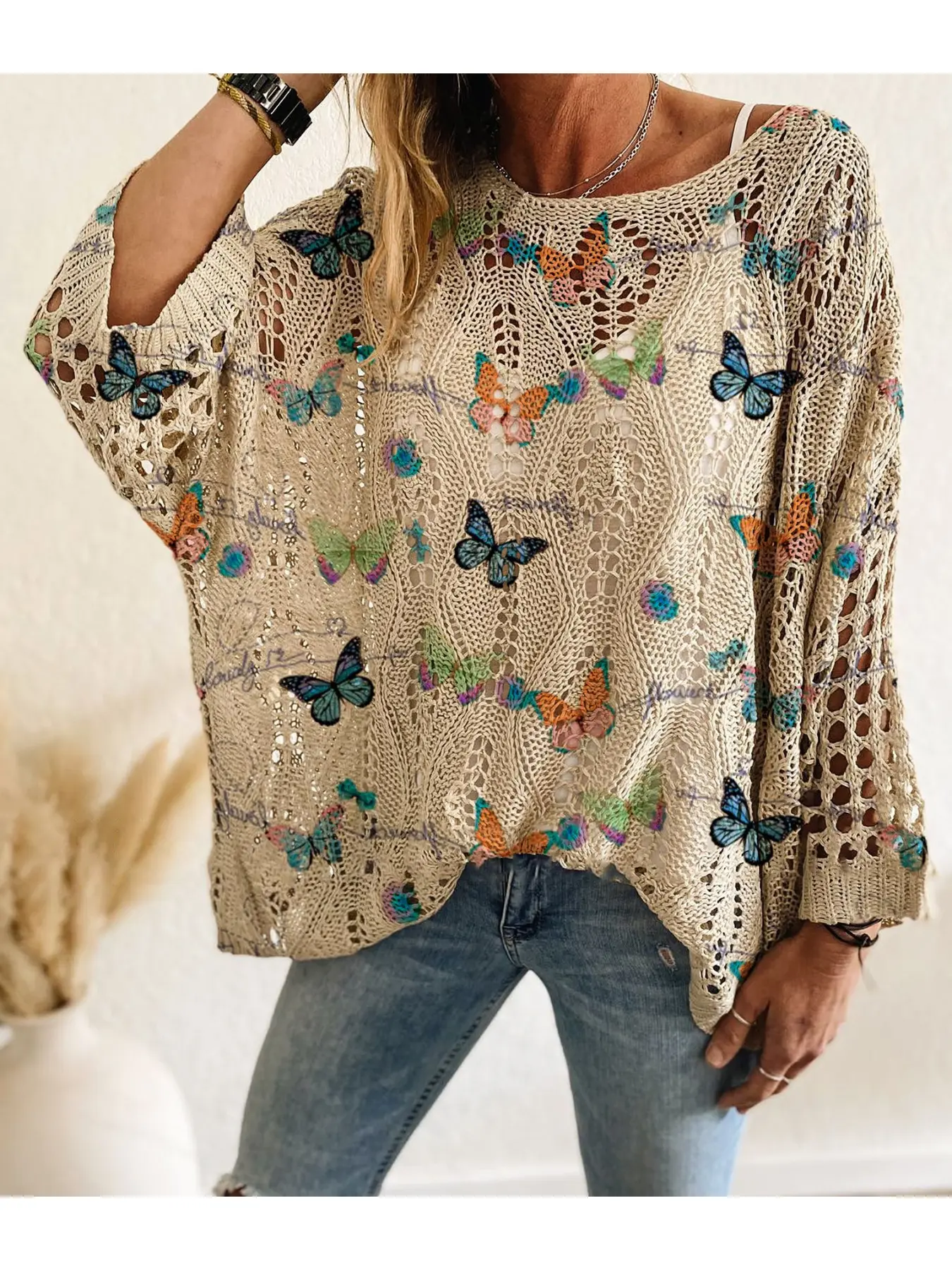 Spring/Summer style, off-the-shoulder diamond cutout, batwing drop shoulder loose fit, contrast color butterfly print long-sleeve women's knitted top, vacation style, casual for commuting, women's vest cover-up, Lightweight Knitwear