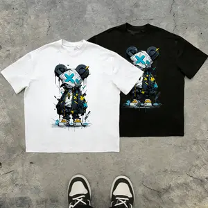 Men’s cyberpunk graffiti robot bear X-eye cartoon character print T-shirt, 100% pure cotton, TikTok 2026 trend, black loose oversized fit, urban techwear styling, Y2K street casual short sleeves, a must-buy under $10.