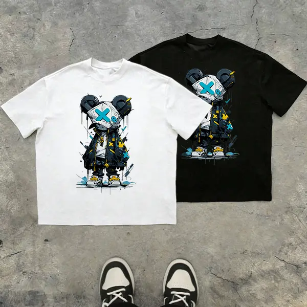 Men’s cyberpunk graffiti robot bear X-eye cartoon character print T-shirt, 100% pure cotton, TikTok 2025 trend, black loose oversized fit, urban techwear styling, Y2K street casual short sleeves, a must-buy under $10., Fashion, Top, Shortsleeve, Tshirt ti