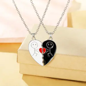 Stickman Love Heart Couple Necklace Fashion Heart-Shaped Splicing Best Friends BFF Pendant