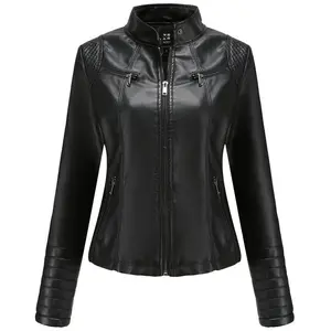 Women’s solid-color casual faux leather jacket; short, fashionable cycling jacket for women; autumn/winter plus-size outdoor wear; available in black, red, and camel; sizes S–2XL