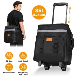 Portable Rolling Cooler Bag, 30L 50-Can Collapsible Insulated Leakproof Cooler with Wheels, Side Handles & Shoulder Strap for Camping, Travel