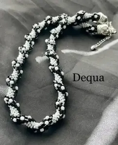 Classic Black & White Hand-Crocheted Beaded Necklace
