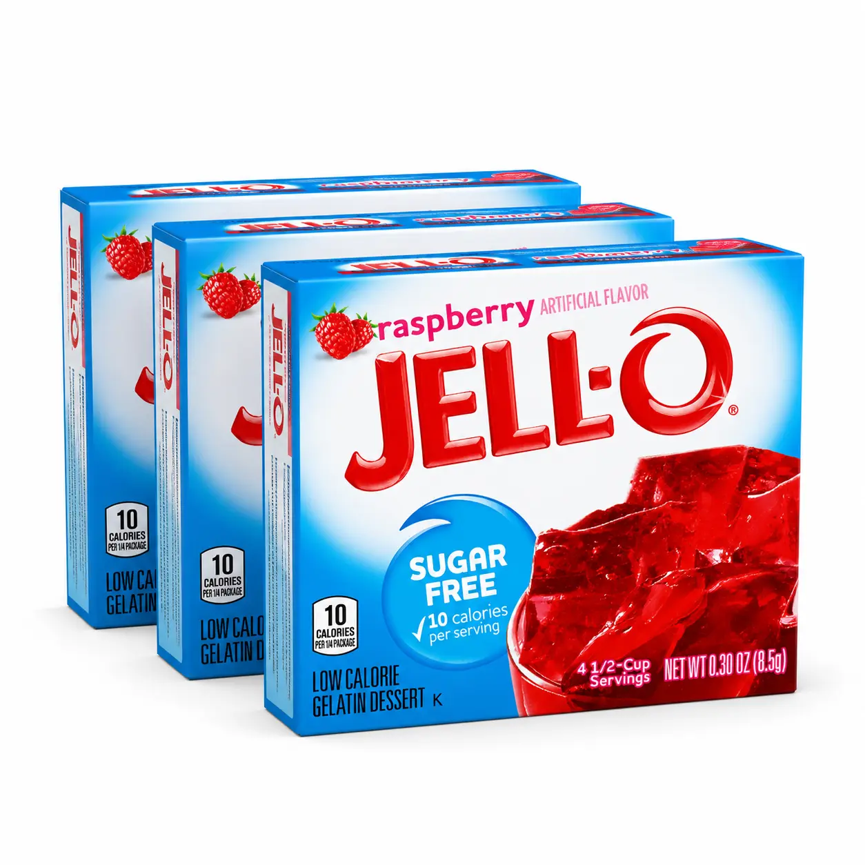 Jell-O Sugar-Free Raspberry Gelatin Dessert, Gelatin-Base Low-Calorie Fruit Snack, 0.3 oz Pack of 3