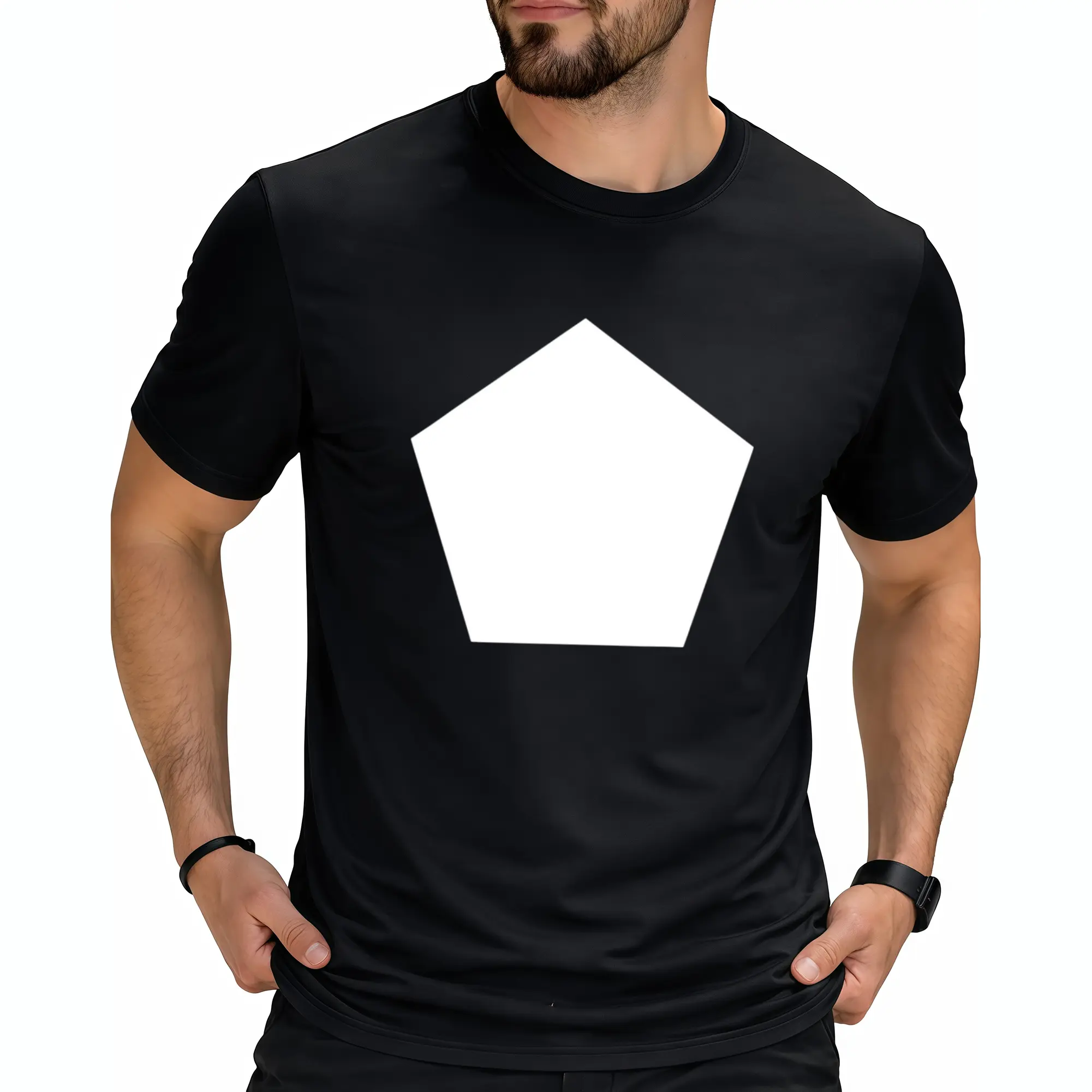 Big Pentagon Geometric Pattern Black Graphic Short Sleeve T-Shirt, Casual Crew Neck Tee