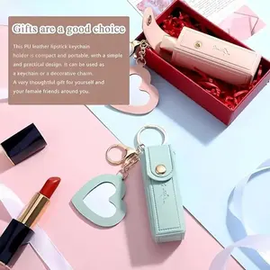 4 PACK PU Leather Chapstick Holder Key Chain with Built-in Mirror, Portable Lipstick & Lip Balm Organizer, Compact Travel Makeup Storage Case, Trendy Unisex Accessory Suitable for Women, Girls and Men for Daily Casual Use and Outdoor Travel